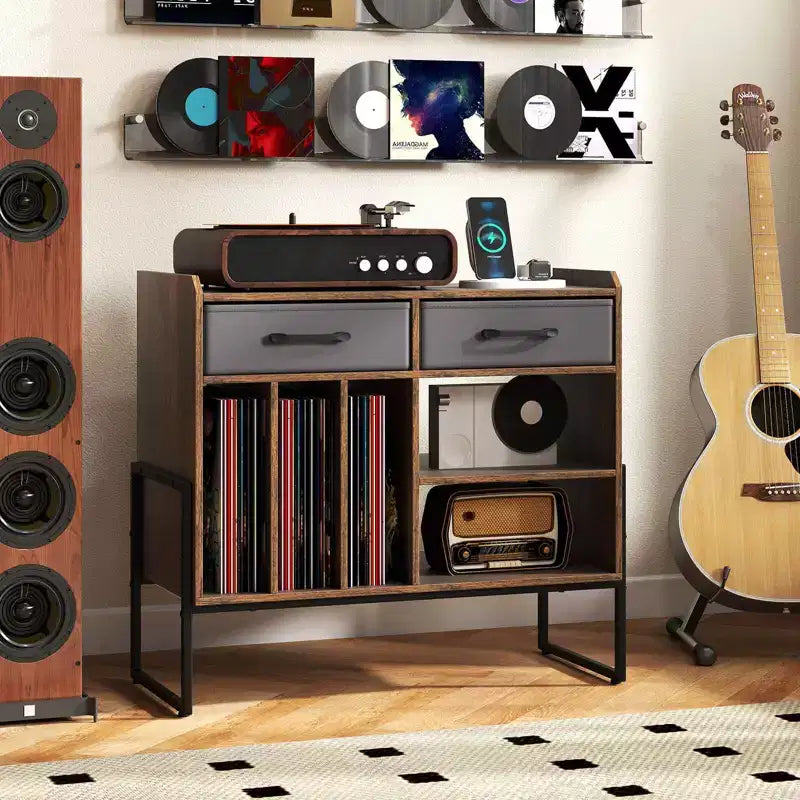 Large Record Player Stand with Charging Station, 2 Fabric Drawers, Adjustable Shelf — Rustic Brown & Gray/Black/White