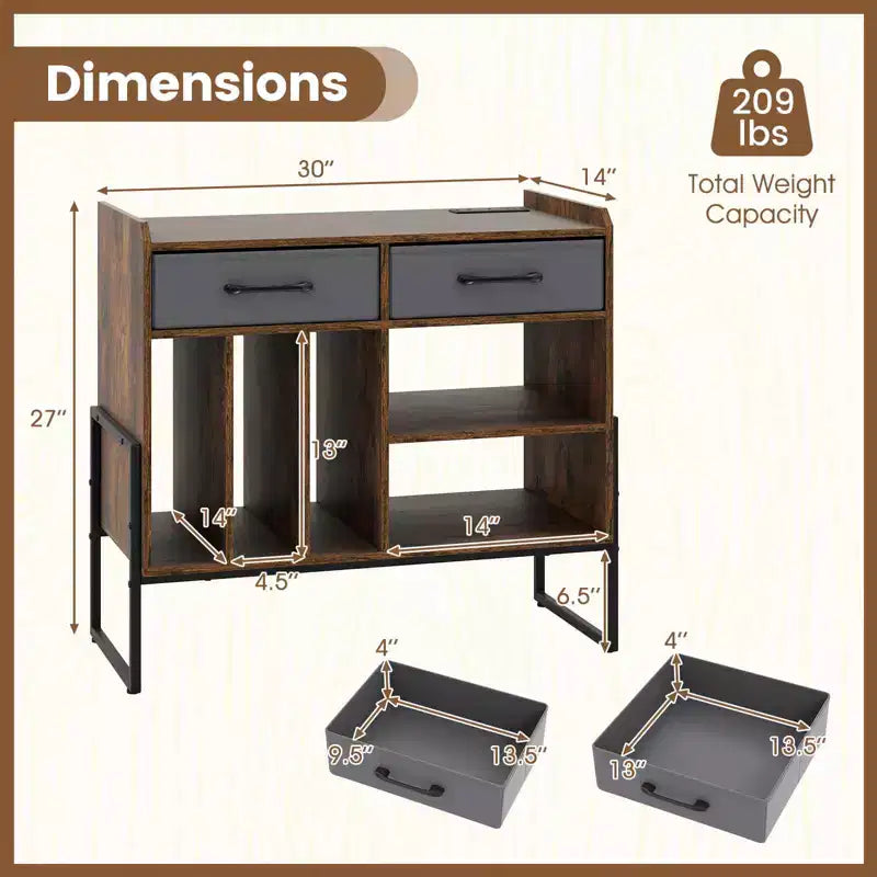 Large Record Player Stand with Charging Station, 2 Fabric Drawers, Adjustable Shelf — Rustic Brown & Gray/Black/White