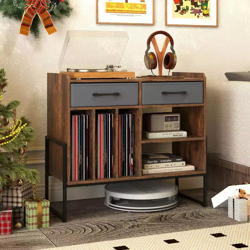 Large Record Player Stand with Charging Station, 2 Fabric Drawers, Adjustable Shelf — Rustic Brown & Gray/Black/White