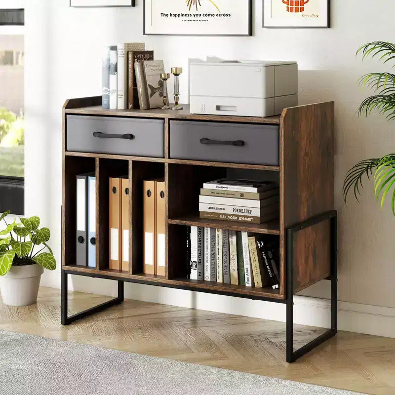 Large Record Player Stand with Charging Station, 2 Fabric Drawers, Adjustable Shelf — Rustic Brown & Gray/Black/White