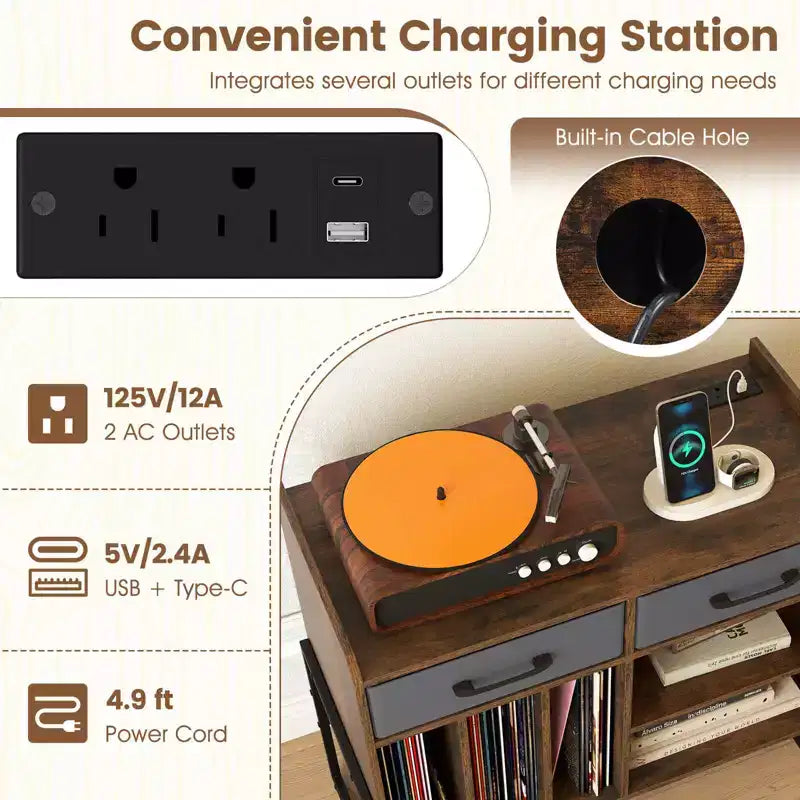 Large Record Player Stand with Charging Station, 2 Fabric Drawers, Adjustable Shelf — Rustic Brown & Gray/Black/White