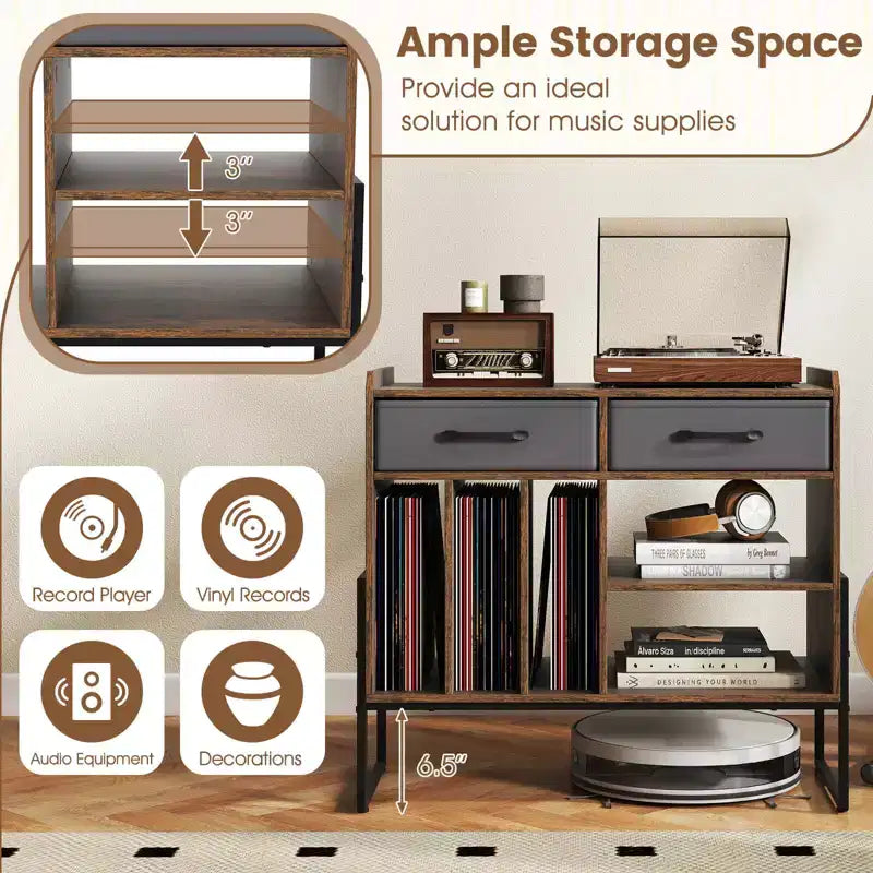 Large Record Player Stand with Charging Station, 2 Fabric Drawers, Adjustable Shelf — Rustic Brown & Gray/Black/White