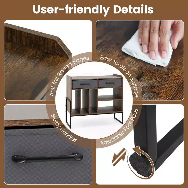Large Record Player Stand with Charging Station, 2 Fabric Drawers, Adjustable Shelf — Rustic Brown & Gray/Black/White