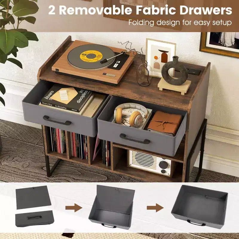 Large Record Player Stand with Charging Station, 2 Fabric Drawers, Adjustable Shelf — Rustic Brown & Gray/Black/White