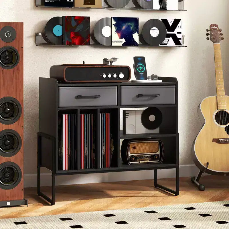 Large Record Player Stand with Charging Station, 2 Fabric Drawers, Adjustable Shelf — Rustic Brown & Gray/Black/White