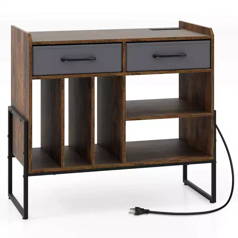 Large Record Player Stand with Charging Station, 2 Fabric Drawers, Adjustable Shelf — Rustic Brown & Gray/Black/White