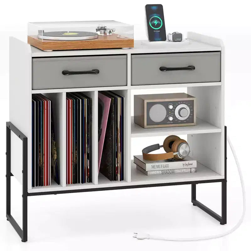 Large Record Player Stand with Charging Station, 2 Fabric Drawers, Adjustable Shelf — Rustic Brown & Gray/Black/White