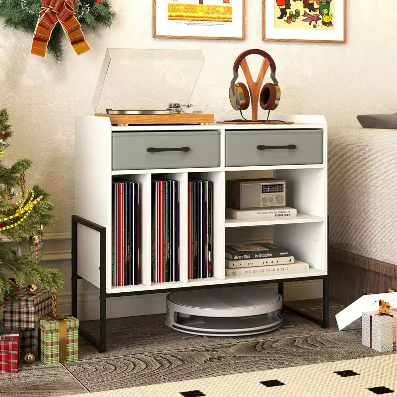 Large Record Player Stand with Charging Station, 2 Fabric Drawers, Adjustable Shelf — Rustic Brown & Gray/Black/White