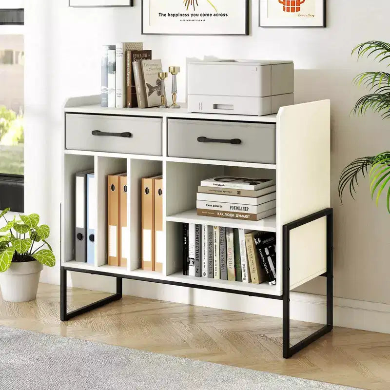 Large Record Player Stand with Charging Station, 2 Fabric Drawers, Adjustable Shelf — Rustic Brown & Gray/Black/White