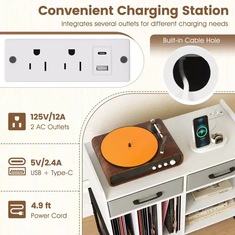 Large Record Player Stand with Charging Station, 2 Fabric Drawers, Adjustable Shelf — Rustic Brown & Gray/Black/White