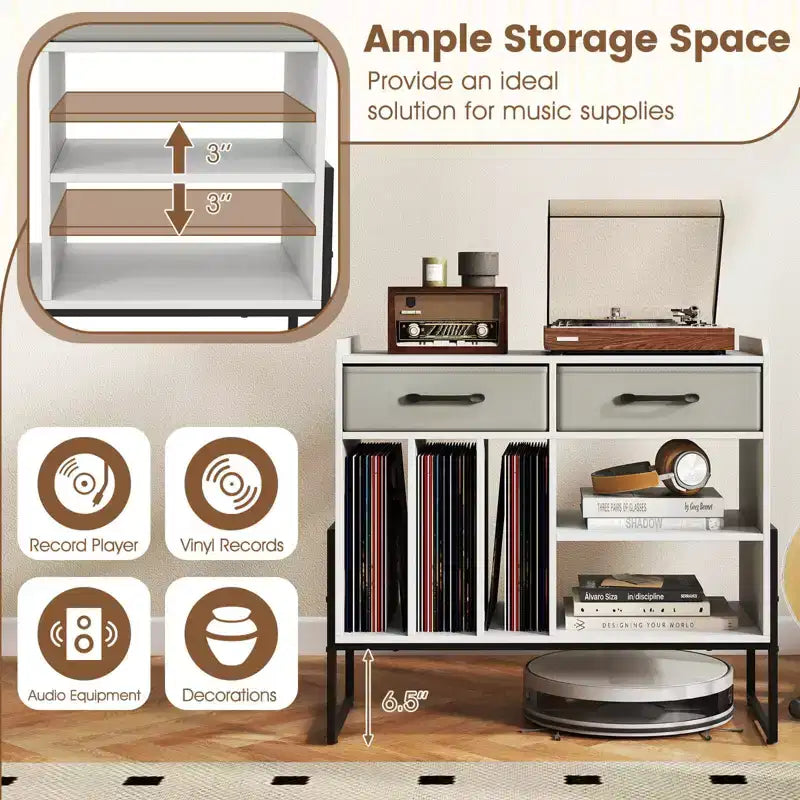 Large Record Player Stand with Charging Station, 2 Fabric Drawers, Adjustable Shelf — Rustic Brown & Gray/Black/White