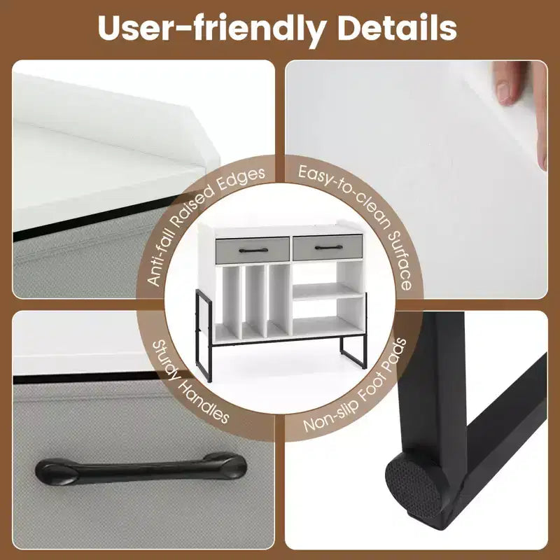 Large Record Player Stand with Charging Station, 2 Fabric Drawers, Adjustable Shelf — Rustic Brown & Gray/Black/White