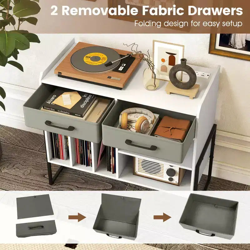 Large Record Player Stand with Charging Station, 2 Fabric Drawers, Adjustable Shelf — Rustic Brown & Gray/Black/White