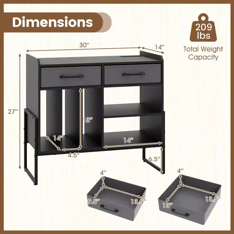 Large Record Player Stand with Charging Station, 2 Fabric Drawers, Adjustable Shelf — Rustic Brown & Gray/Black/White