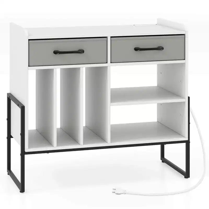 Large Record Player Stand with Charging Station, 2 Fabric Drawers, Adjustable Shelf — Rustic Brown & Gray/Black/White
