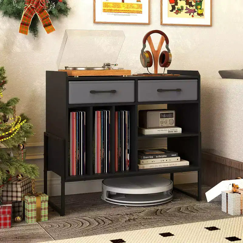Large Record Player Stand with Charging Station, 2 Fabric Drawers, Adjustable Shelf — Rustic Brown & Gray/Black/White