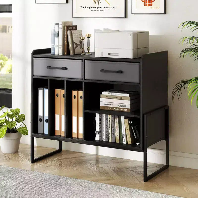 Large Record Player Stand with Charging Station, 2 Fabric Drawers, Adjustable Shelf — Rustic Brown & Gray/Black/White