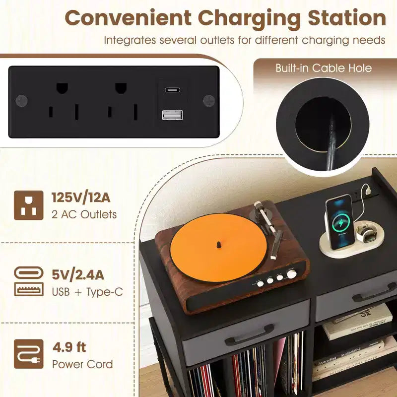 Large Record Player Stand with Charging Station, 2 Fabric Drawers, Adjustable Shelf — Rustic Brown & Gray/Black/White
