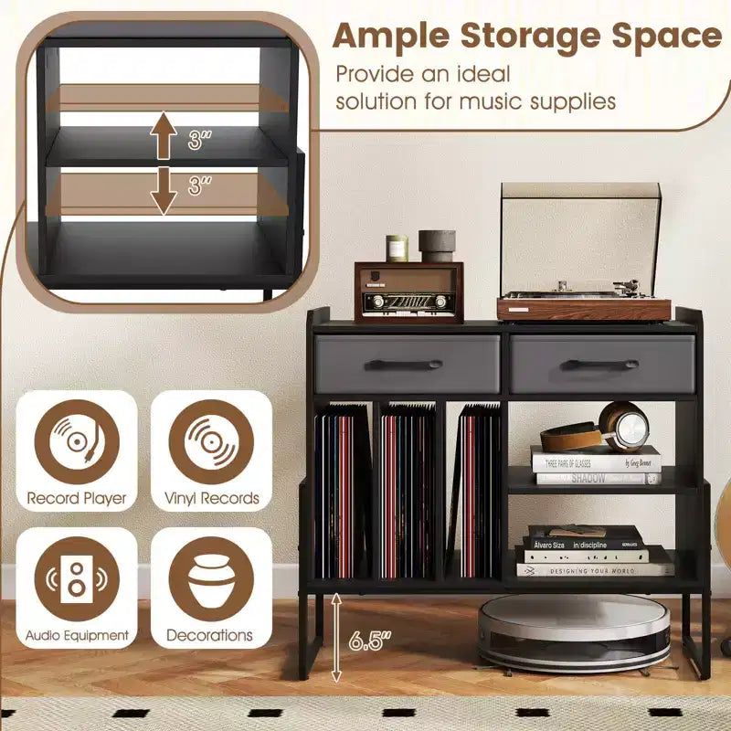 Large Record Player Stand with Charging Station, 2 Fabric Drawers, Adjustable Shelf — Rustic Brown & Gray/Black/White