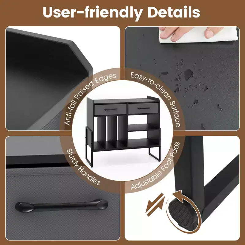 Large Record Player Stand with Charging Station, 2 Fabric Drawers, Adjustable Shelf — Rustic Brown & Gray/Black/White