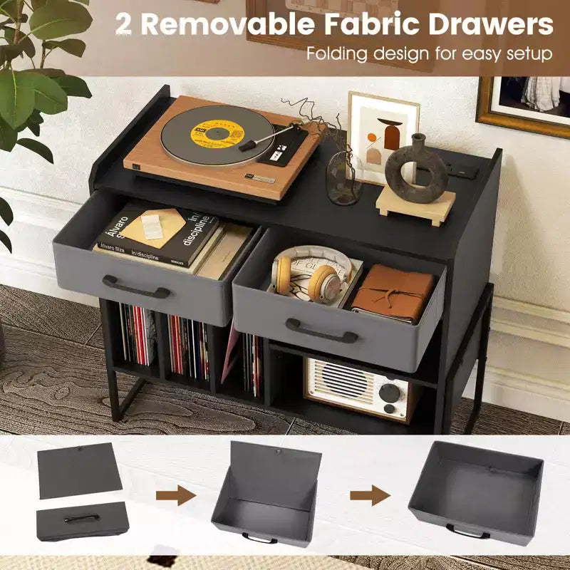 Large Record Player Stand with Charging Station, 2 Fabric Drawers, Adjustable Shelf — Rustic Brown & Gray/Black/White
