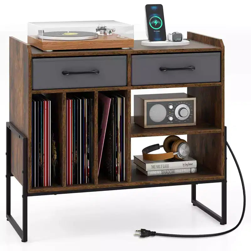 Large Record Player Stand with Charging Station, 2 Fabric Drawers, Adjustable Shelf — Rustic Brown & Gray/Black/White
