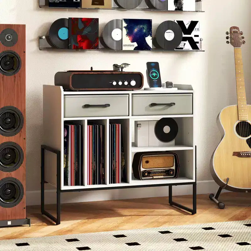 Large Record Player Stand with Charging Station, 2 Fabric Drawers, Adjustable Shelf — Rustic Brown & Gray/Black/White