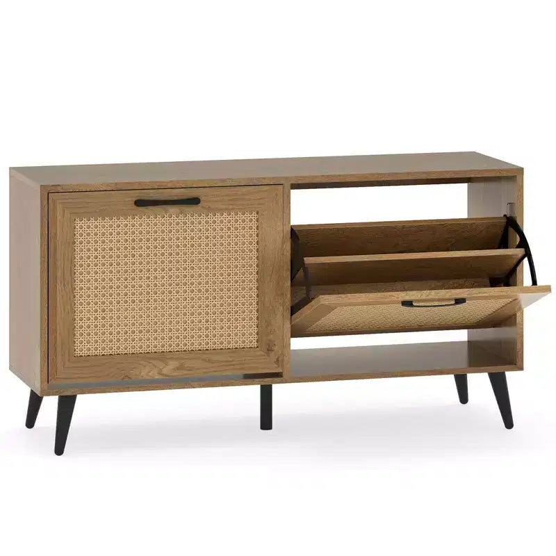Rattan Shoe Storage Cabinet with 2 Flip Drawers, Adjustable Shelves & Solid Metal Legs, Natural