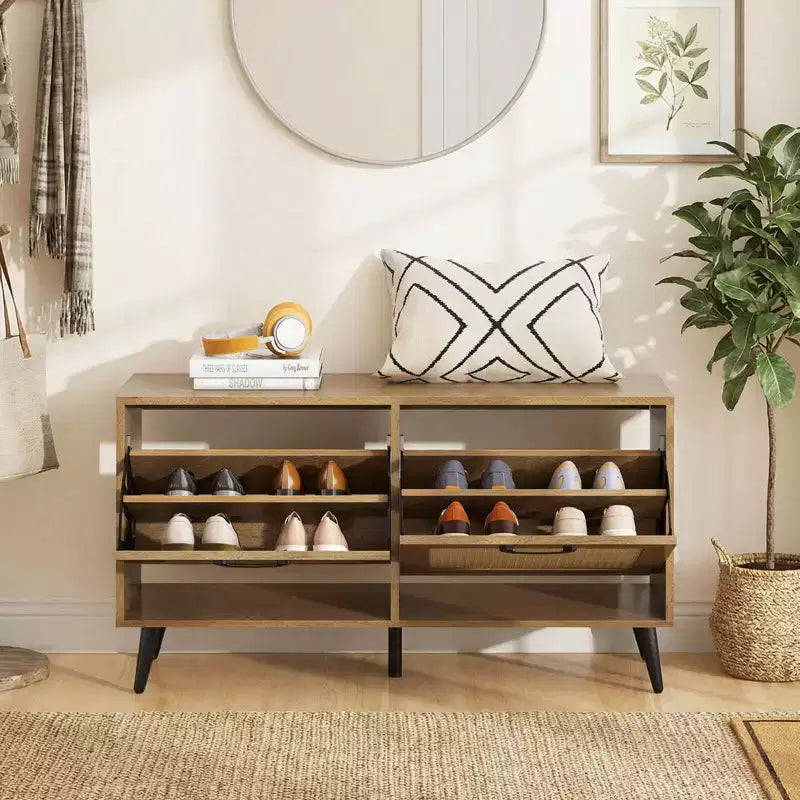 Rattan Shoe Storage Cabinet with 2 Flip Drawers, Adjustable Shelves & Solid Metal Legs, Natural