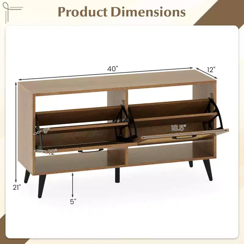 Rattan Shoe Storage Cabinet with 2 Flip Drawers, Adjustable Shelves & Solid Metal Legs, Natural