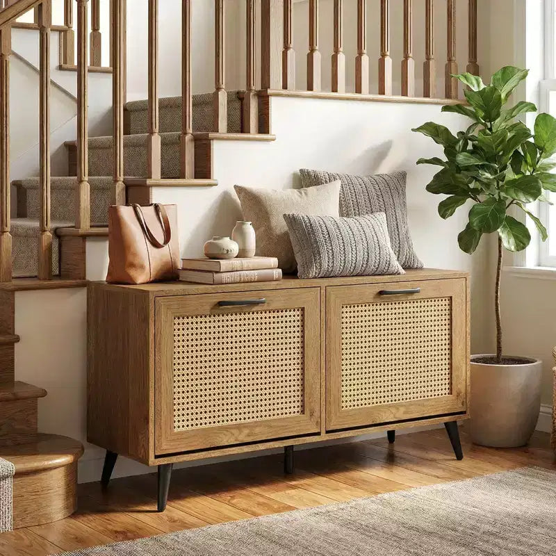 Rattan Shoe Storage Cabinet with 2 Flip Drawers, Adjustable Shelves & Solid Metal Legs, Natural