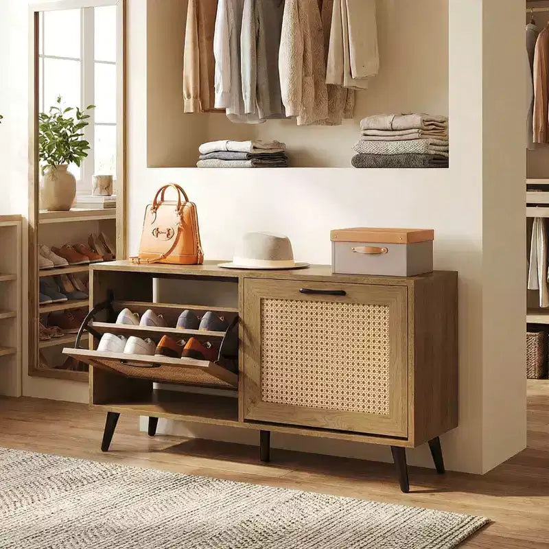 Rattan Shoe Storage Cabinet with 2 Flip Drawers, Adjustable Shelves & Solid Metal Legs, Natural