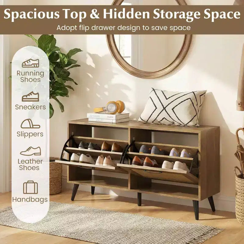 Rattan Shoe Storage Cabinet with 2 Flip Drawers, Adjustable Shelves & Solid Metal Legs, Natural