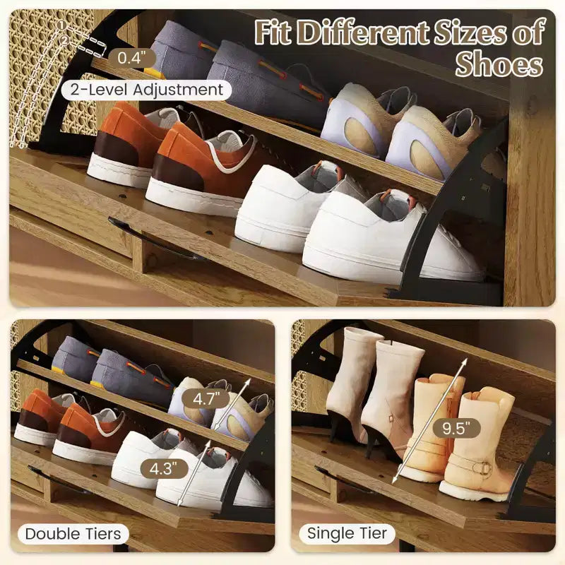 Rattan Shoe Storage Cabinet with 2 Flip Drawers, Adjustable Shelves & Solid Metal Legs, Natural