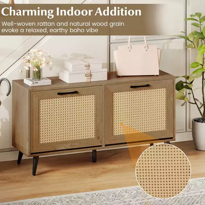 Rattan Shoe Storage Cabinet with 2 Flip Drawers, Adjustable Shelves & Solid Metal Legs, Natural