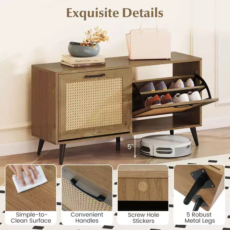 Rattan Shoe Storage Cabinet with 2 Flip Drawers, Adjustable Shelves & Solid Metal Legs, Natural