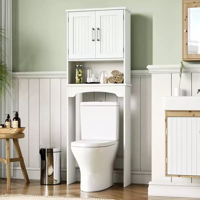 Over-The-Toilet Storage Cabinet with Double Doors and Open Shelf | Freestanding Bathroom Organiser for Toilet & Laundry Room