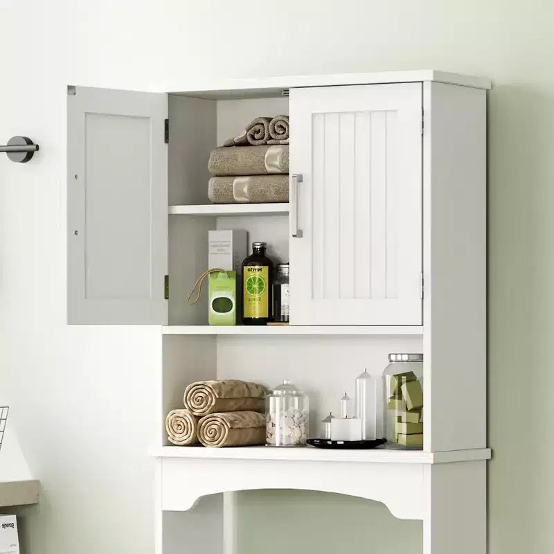 Over-The-Toilet Storage Cabinet with Double Doors and Open Shelf | Freestanding Bathroom Organiser for Toilet & Laundry Room