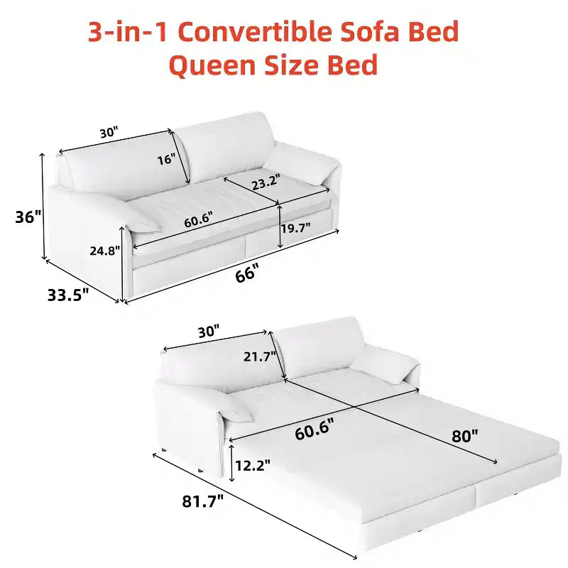 3-in-1 Convertible Sofa Bed, Extendable Sleeper Couch with Pull-Out Queen Bed, Space-Saving Sofa for Living Room, Apartment or Guest Room