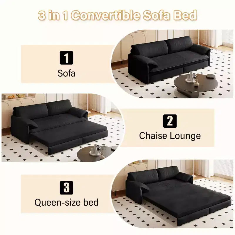 3-in-1 Convertible Sofa Bed, Extendable Sleeper Couch with Pull-Out Queen Bed, Space-Saving Sofa for Living Room, Apartment or Guest Room
