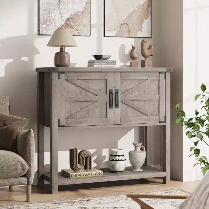 Farmhouse Console Table with 2 Storage Cabinets - Wooden Sofa Table, Coffee Bar & Buffet Sideboard for Entryway, Kitchen & Living Room