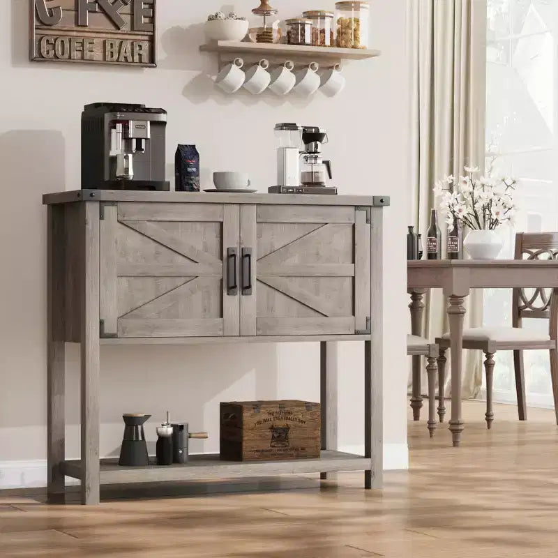 Farmhouse Console Table with 2 Storage Cabinets - Wooden Sofa Table, Coffee Bar & Buffet Sideboard for Entryway, Kitchen & Living Room