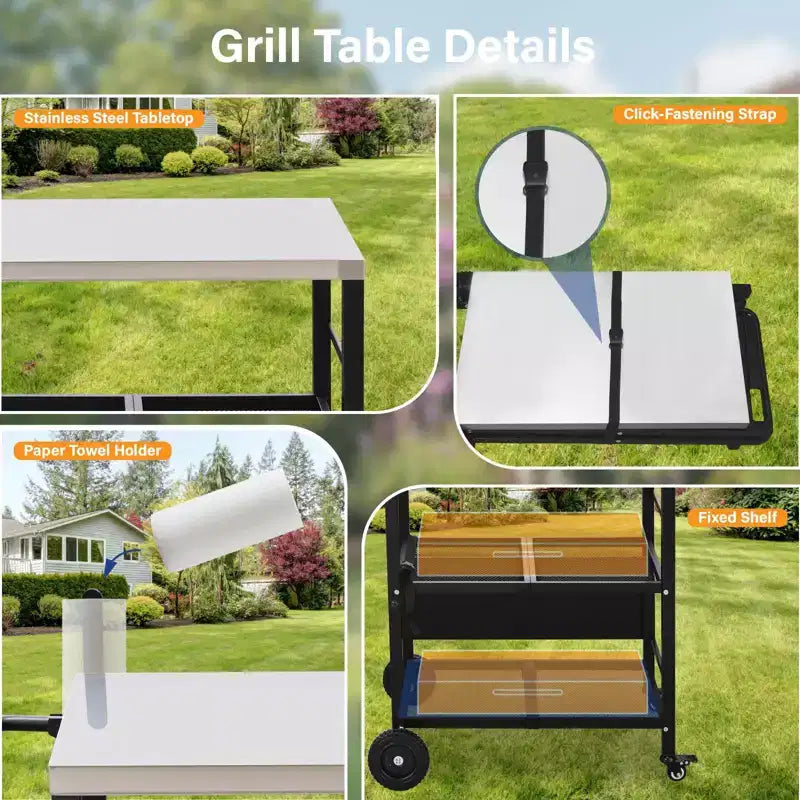 Stainless Steel Foldable Grill Table Cart, Outdoor Food Prep Rolling Cart with Wheels and Storage Shelves, Movable Kitchen Island