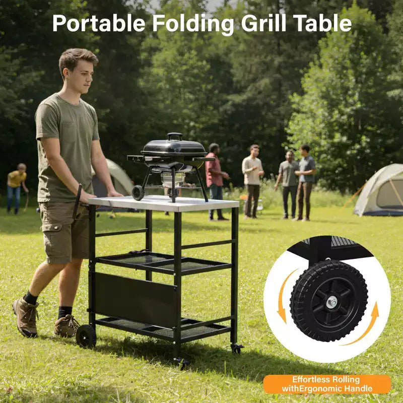 Stainless Steel Foldable Grill Table Cart, Outdoor Food Prep Rolling Cart with Wheels and Storage Shelves, Movable Kitchen Island