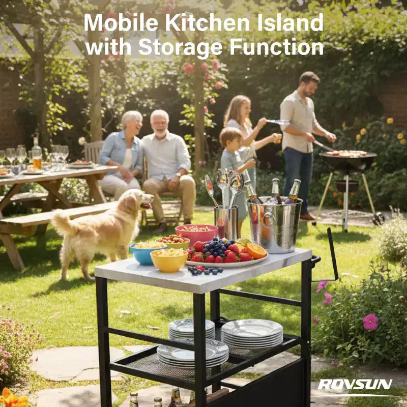Stainless Steel Foldable Grill Table Cart, Outdoor Food Prep Rolling Cart with Wheels and Storage Shelves, Movable Kitchen Island