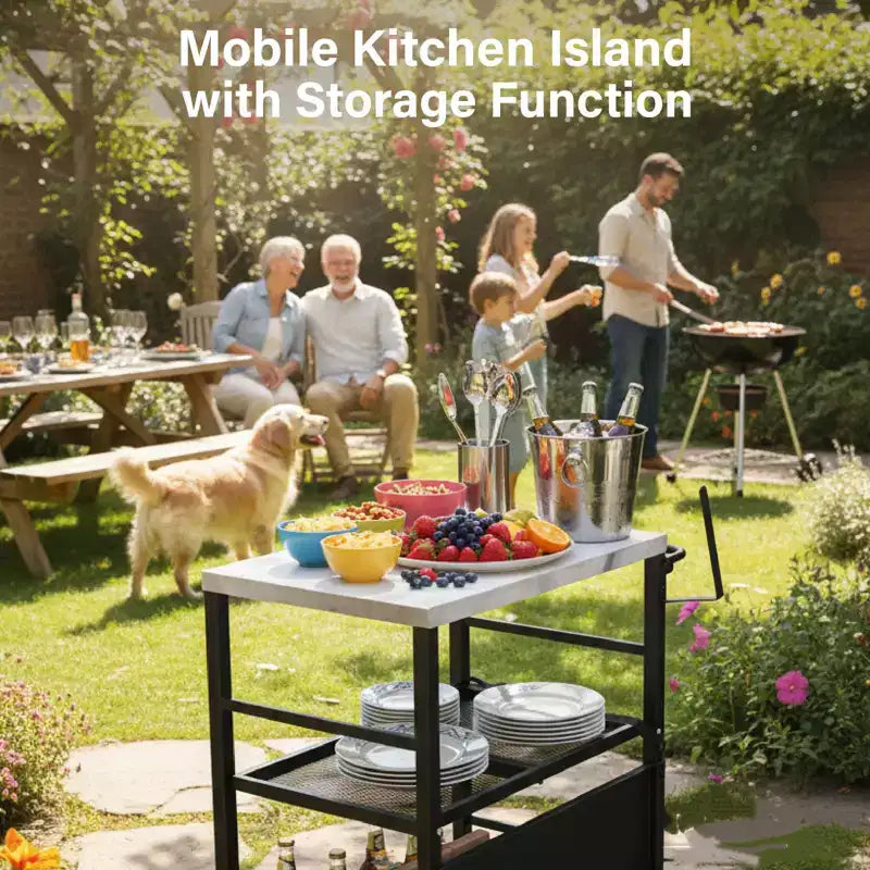 Stainless Steel Foldable Grill Table Cart, Outdoor Food Prep Rolling Cart with Wheels and Storage Shelves, Movable Kitchen Island