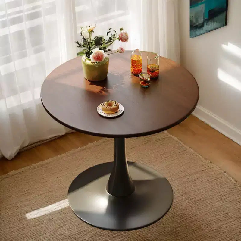 NAYSAYE Round Dining Table End Table with Thickened Tabletop and Steel Base, Modern Bistro Table for Kitchen, Living Room, Walnut, 23.6*19.7*29.1