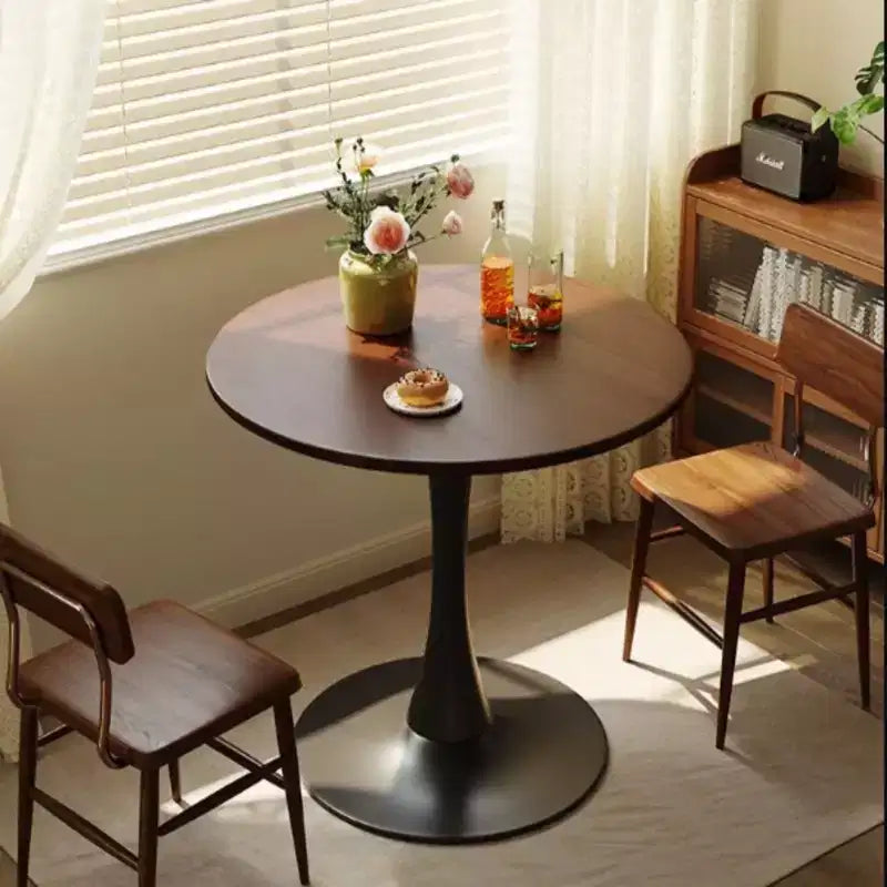 Round Dining Table End Table with Thickened Tabletop and Steel Base, Modern Bistro Table for Kitchen, Living Room, Walnut, 23.6*19.7*29.1
