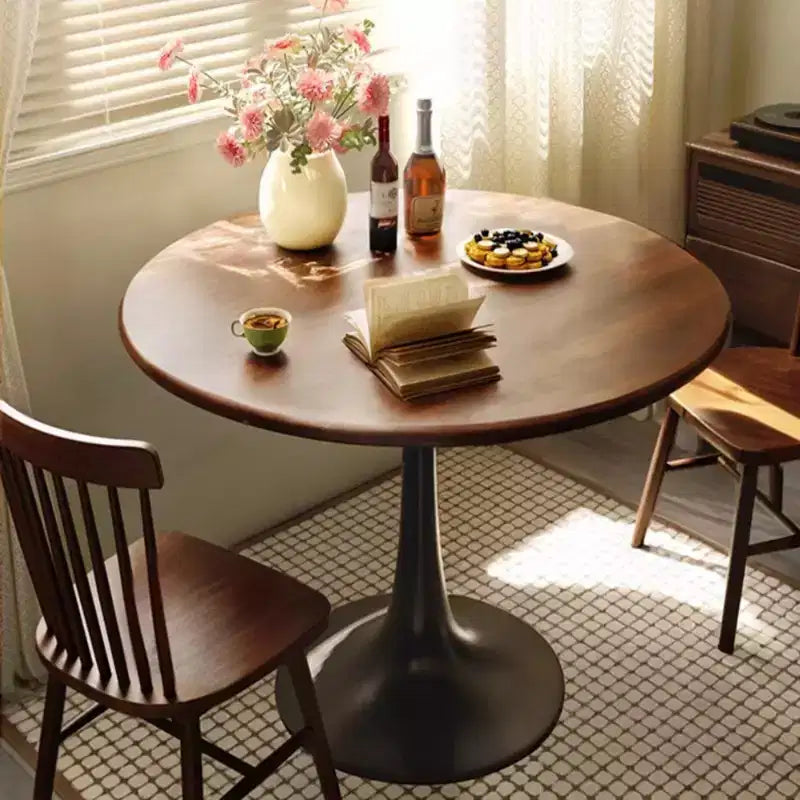 Round Dining Table End Table with Thickened Tabletop and Steel Base, Modern Bistro Table for Kitchen, Living Room, Walnut, 23.6*19.7*29.1