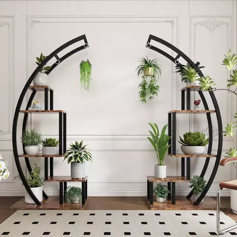 5-Tier Tall Metal Indoor Plant Stand,Half-Moon Garden Plant Holder with 4 Hanging Hooks,Round Flower Shelf Rack for Home,Balcony,Living Room & Garden
